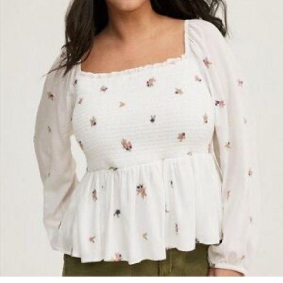 Torrid Woman's Plus-Size Floral Embroidered Smocked Peasant Blouse Sz 26 - Picture 1 of 10